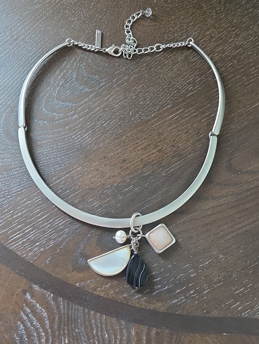 White House Black Market Silver Collar Necklace with Black and Pearl Charms
